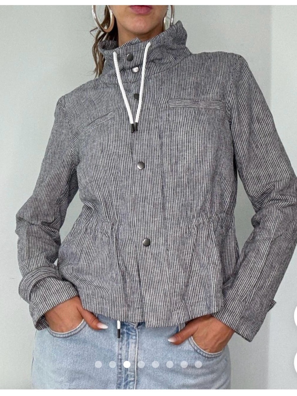 Striped Drawstring Funnel Neck Jacket - Gray - Picture 3 of 10
